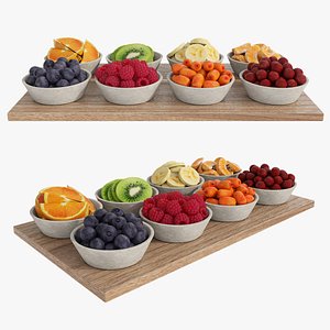 Fruit slices and berries in stone bowls 3D model