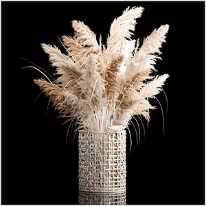 Bouquet of dry reeds in a white wicker basket for decoration 256