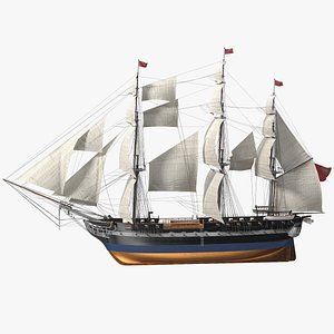 3D Three Masted Heavy Frigate Raised Sails model