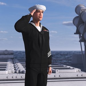 US Navy Asian Sailor in Black Uniform Saluted