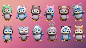 Cartoon penguins in animal costumes