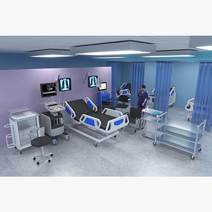 Medical Room UltraSound Machine ICU Intensive Care Unit Surgical Room Kit with Nurse 3D model
