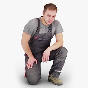 3D model Focused Worker Foreman Kneeling in Overalls