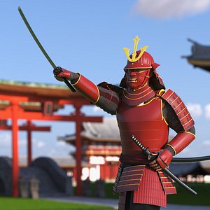 Samurai Armor from Feudal Japan Sengoku Period on Male Red Rigged