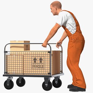 3D Worker with Platform Trolley Two Railing Cardboard Boxes Rigged Fur for Modo
