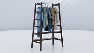 wooden clothing rack with multiple garments 3D model