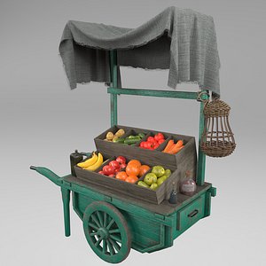 3D Vintage wheelbarrow counter with vegetables and fruits