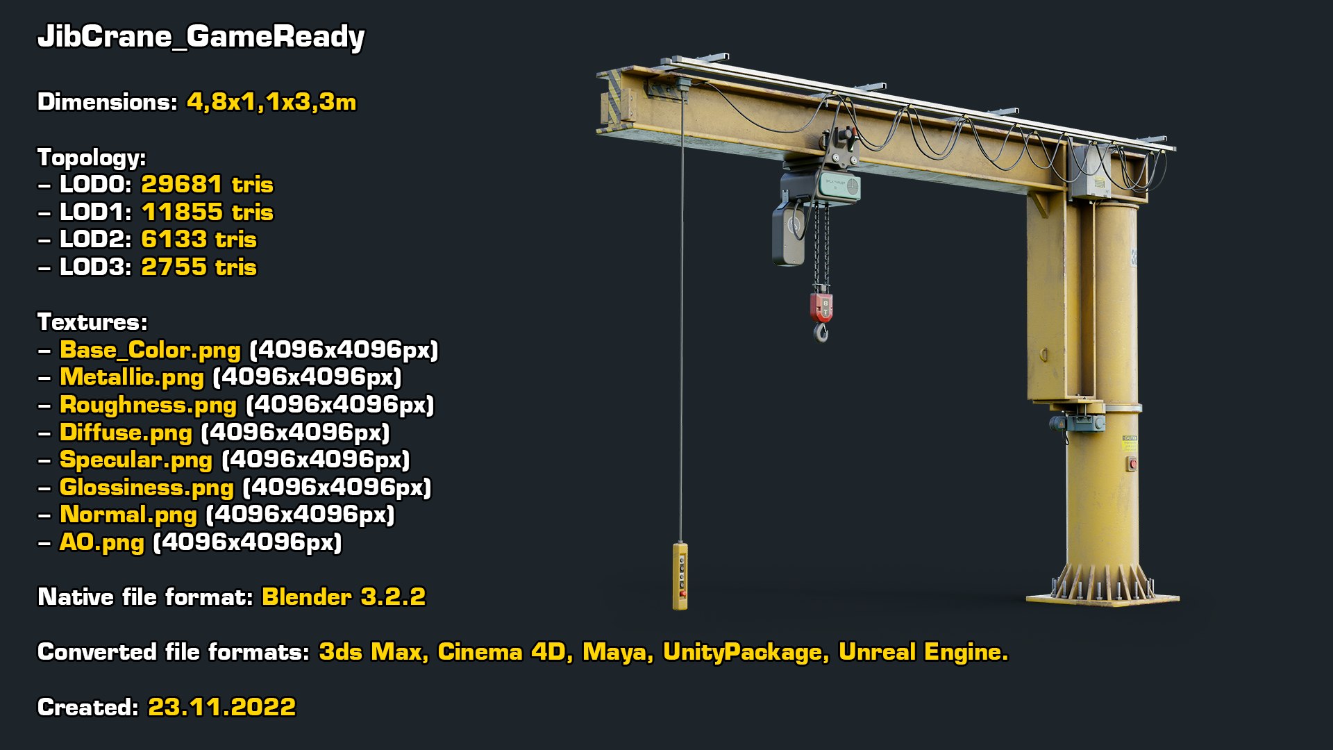 Jib Crane GameReady LODs 3D model https://p.turbosquid.com/ts-thumb/rD/3lnWsI/yM/stats/png/1669234008/1920x1080/fit_q87/e82a362d2fd8951c5ed4e4e918623933adc7ea0e/stats.jpg
