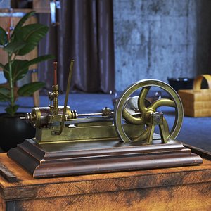 Horizontal Steam Engine Brass Wood Base Rigged for Maya