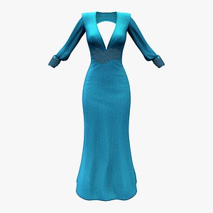 Long Sleeves Plunging V-Neck Trumpet Gown Dress 3D