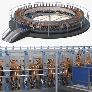 3D model Operating Rotary Milking Carousel with Cows