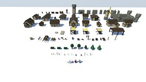 3D voxel inspired medieval town model