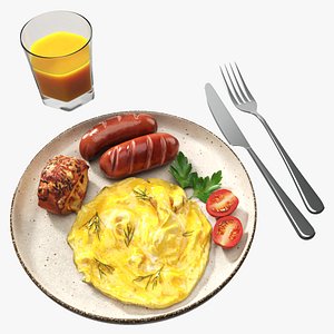 3D Breakfast with omlette sausages and juice model