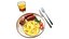 Colazione con frittata, salsicce e succo di frutta