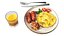 Colazione con frittata, salsicce e succo di frutta