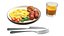 Colazione con frittata, salsicce e succo di frutta