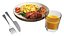 Colazione con frittata, salsicce e succo di frutta