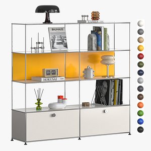 3D A shelving with mid-century decor The USM Haller modular system