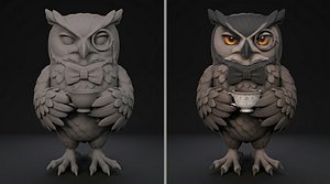 Dapper Owl Holding Teacup 3D Print Ready Cute Animal Character model
