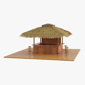 Tropical Service Tiki Bar with Thatch Roof and Wooden Stools Natural
