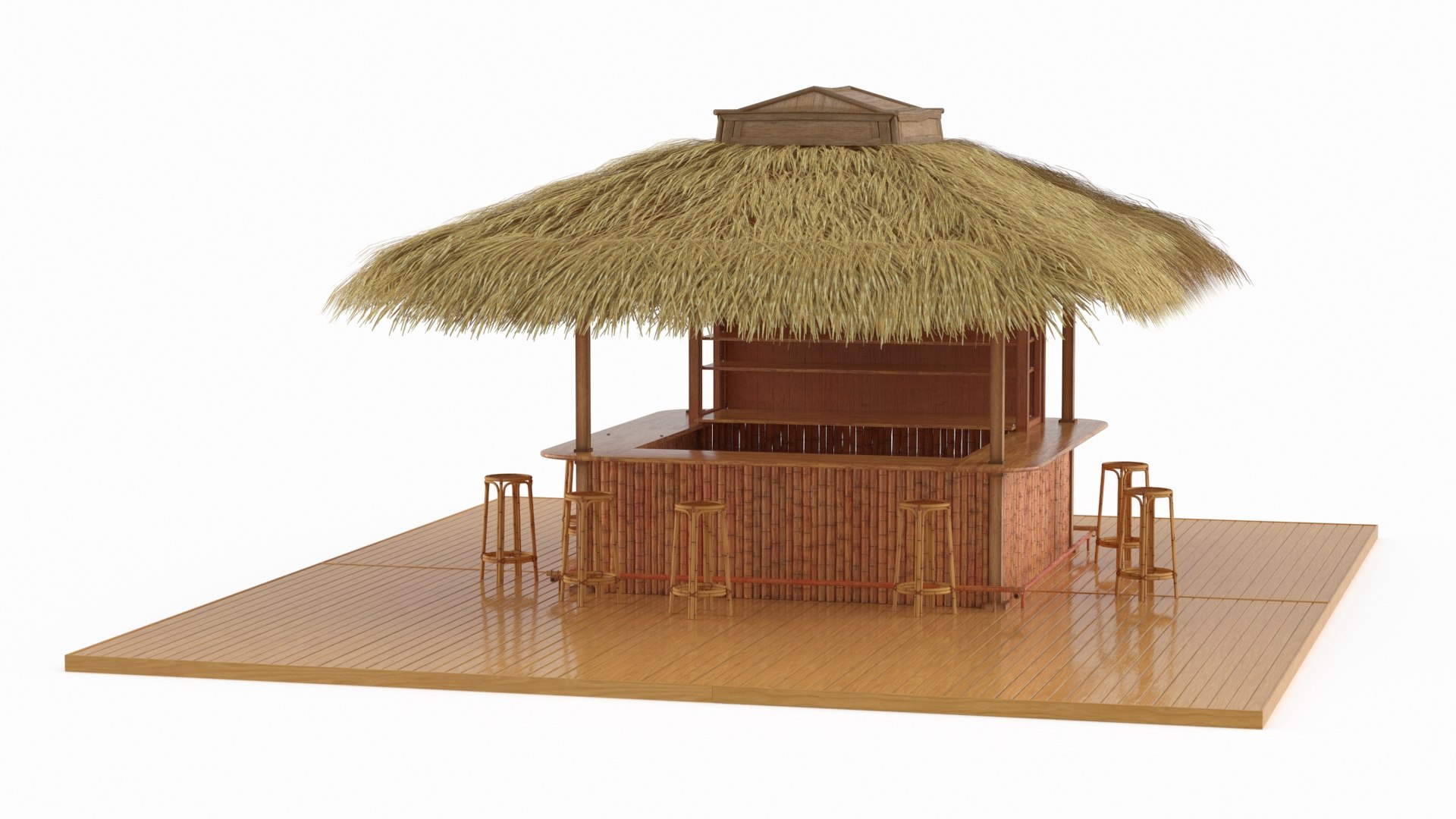 Tropical Service Tiki Bar with Thatch Roof and Wooden Stools Natural 3D model preview