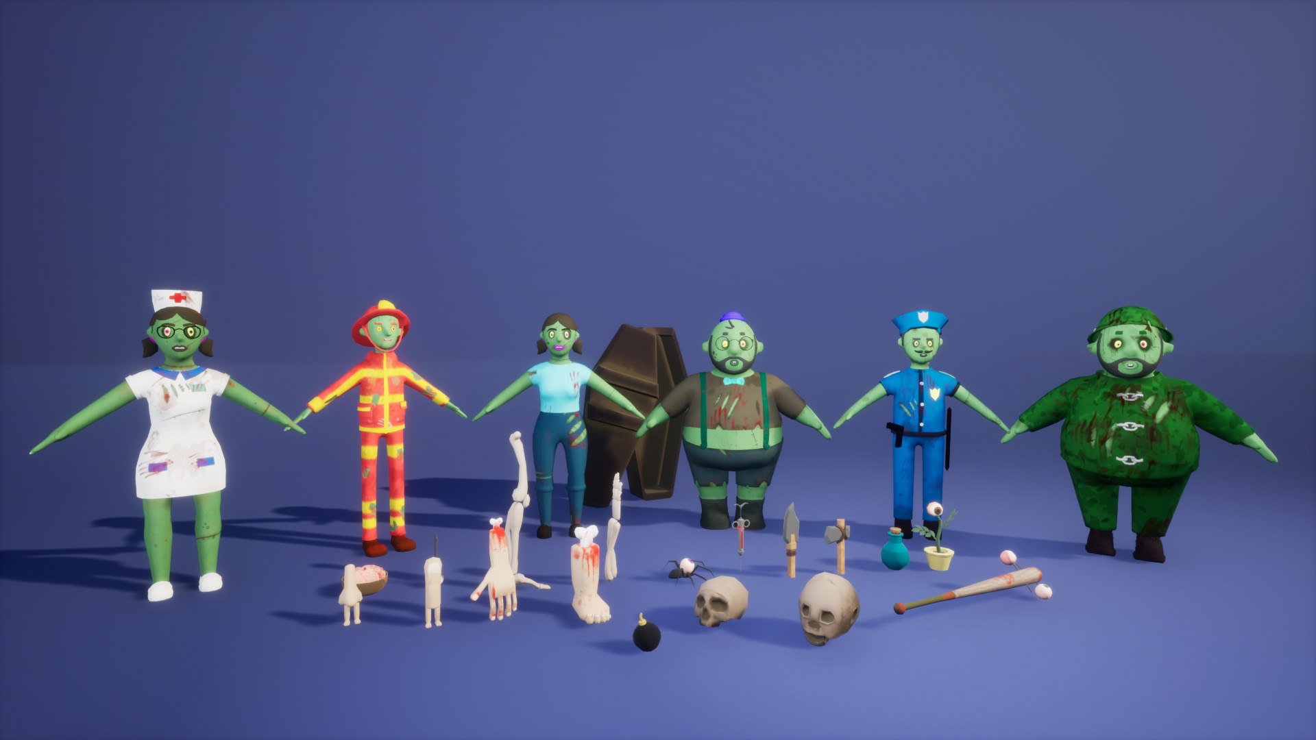 6 Cartoon Zombie APOCALYPSE Characters with Rig and Blendshapes Pack model https://p.turbosquid.com/ts-thumb/rK/6QU0wB/LF/1/jpg/1734529681/1920x1080/fit_q87/e854ac91e067bfbb3cf60afd8678aabbba8bb7a5/1.jpg
