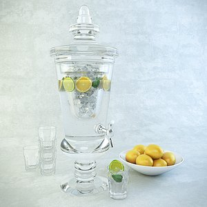 Carafe of lemonade, glasses and a plate with lemons.