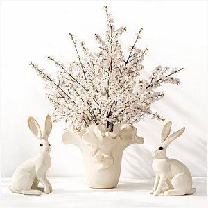 Bouquet white cherry blossom branches porcelain rabbits set 3D model