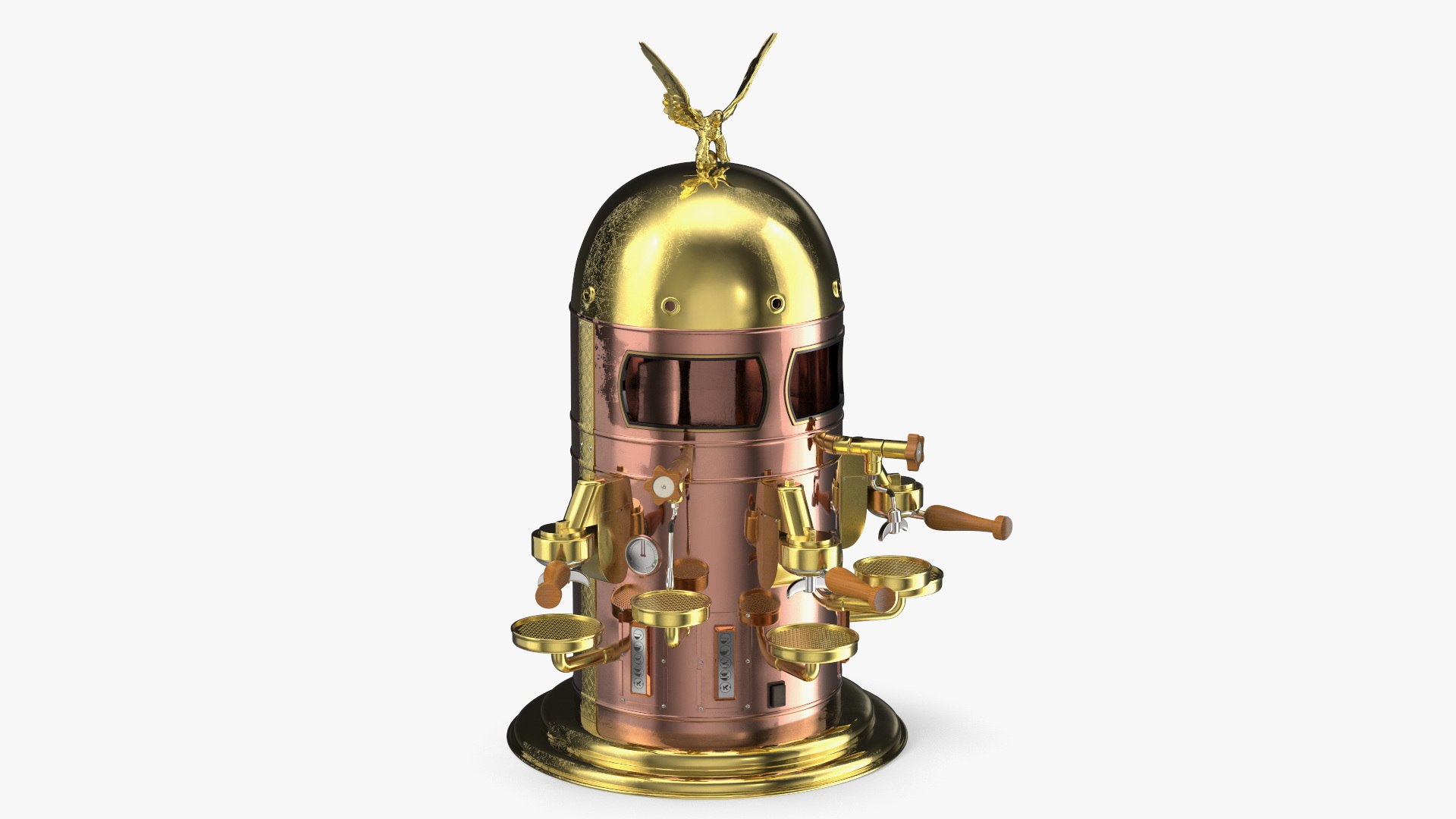 Retro Dome Espresso Machine Bronze 3D model for industrial visualization, technical presentation, simulation, product rendering, and animation