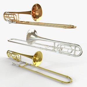 Bass Trombone  Three Types of Materials  Brass Copper and Silver 3D model