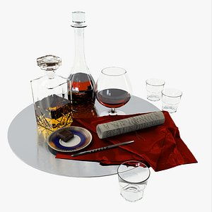 Set whiskey and cognac decanter on dish