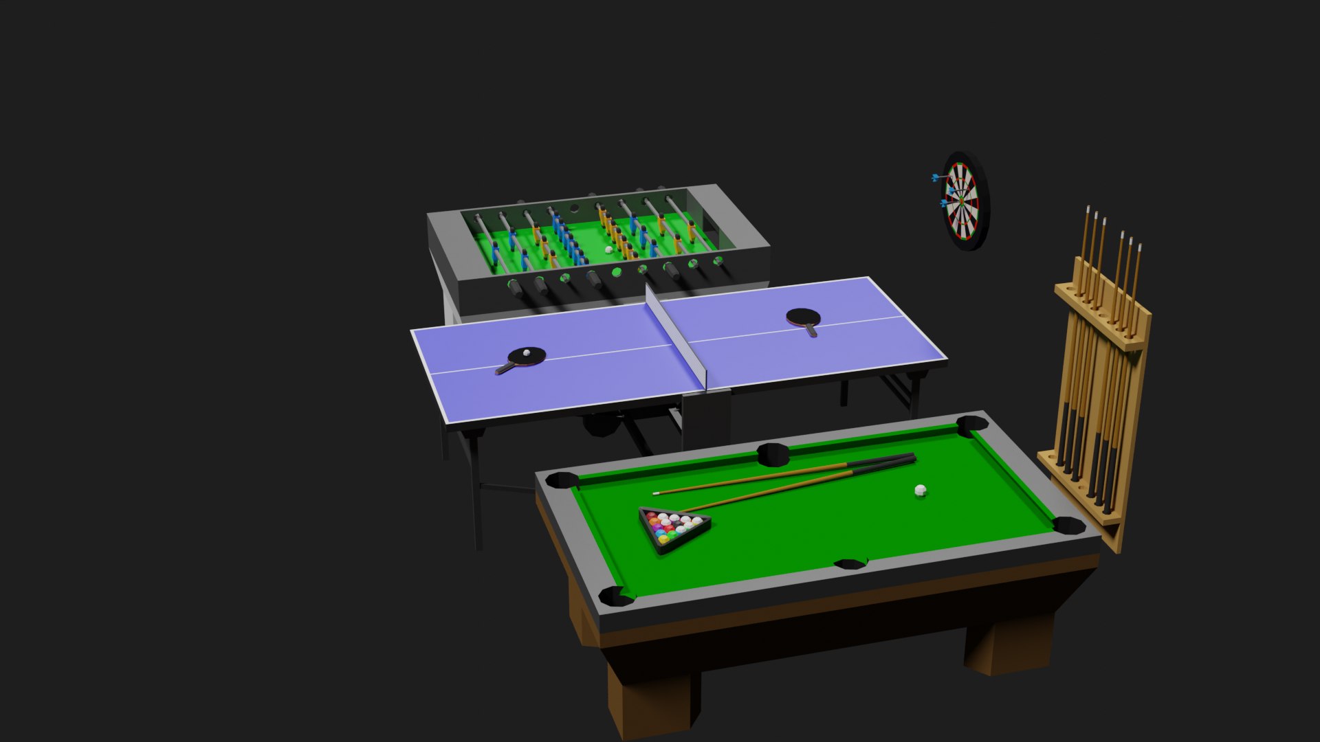 Lowpoly Pub Game Set Pool-Table Tabletennis Tablesoccer Darts 3D Model ...