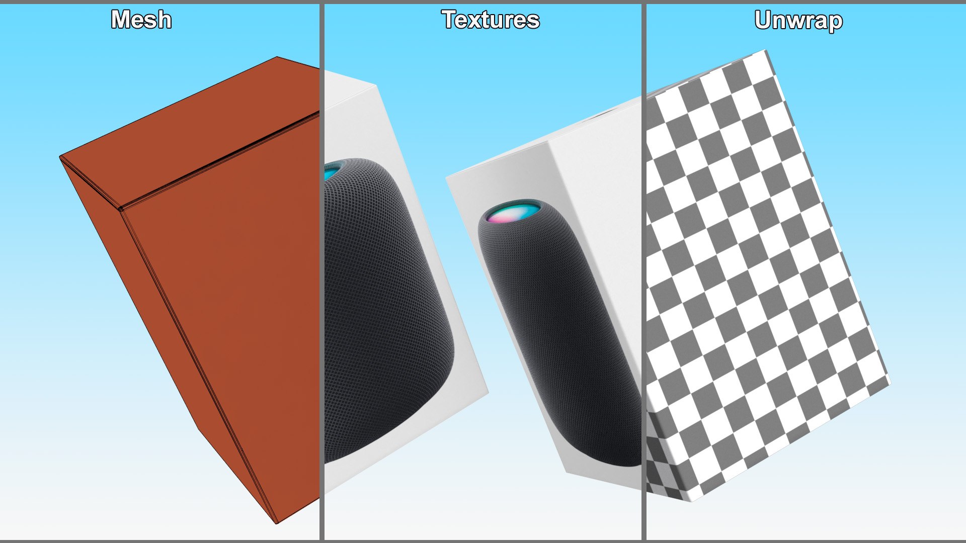 Apple HomePod Smart Speaker Packaging 3D https://p.turbosquid.com/ts-thumb/rQ/lJV60W/1W/applehomepodsmartspeakerpackagingmb3dmodel008/jpg/1714054919/1920x1080/fit_q87/19b7e61d54d4044e87960578483c860b602d9b0a/applehomepodsmartspeakerpackagingmb3dmodel008.jpg
