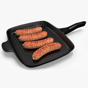 Cast Iron Grill Pan with Sausages 3D model