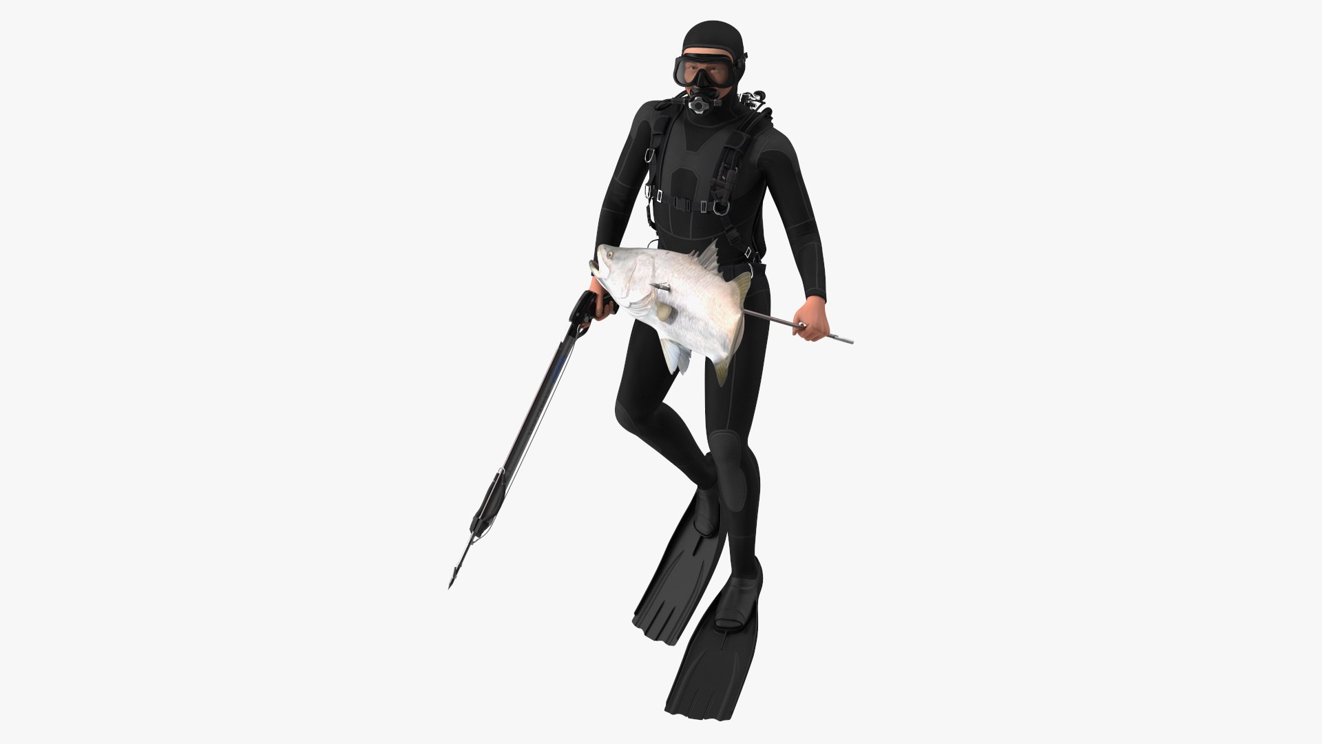 Diver with Underwater Speargun and Fish Rigged for Maya 3D model preview