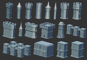 3D 100 Low-poly medieval fantasy castle and fortress kitbash IMM Zbrush brush set obj and fbx files model