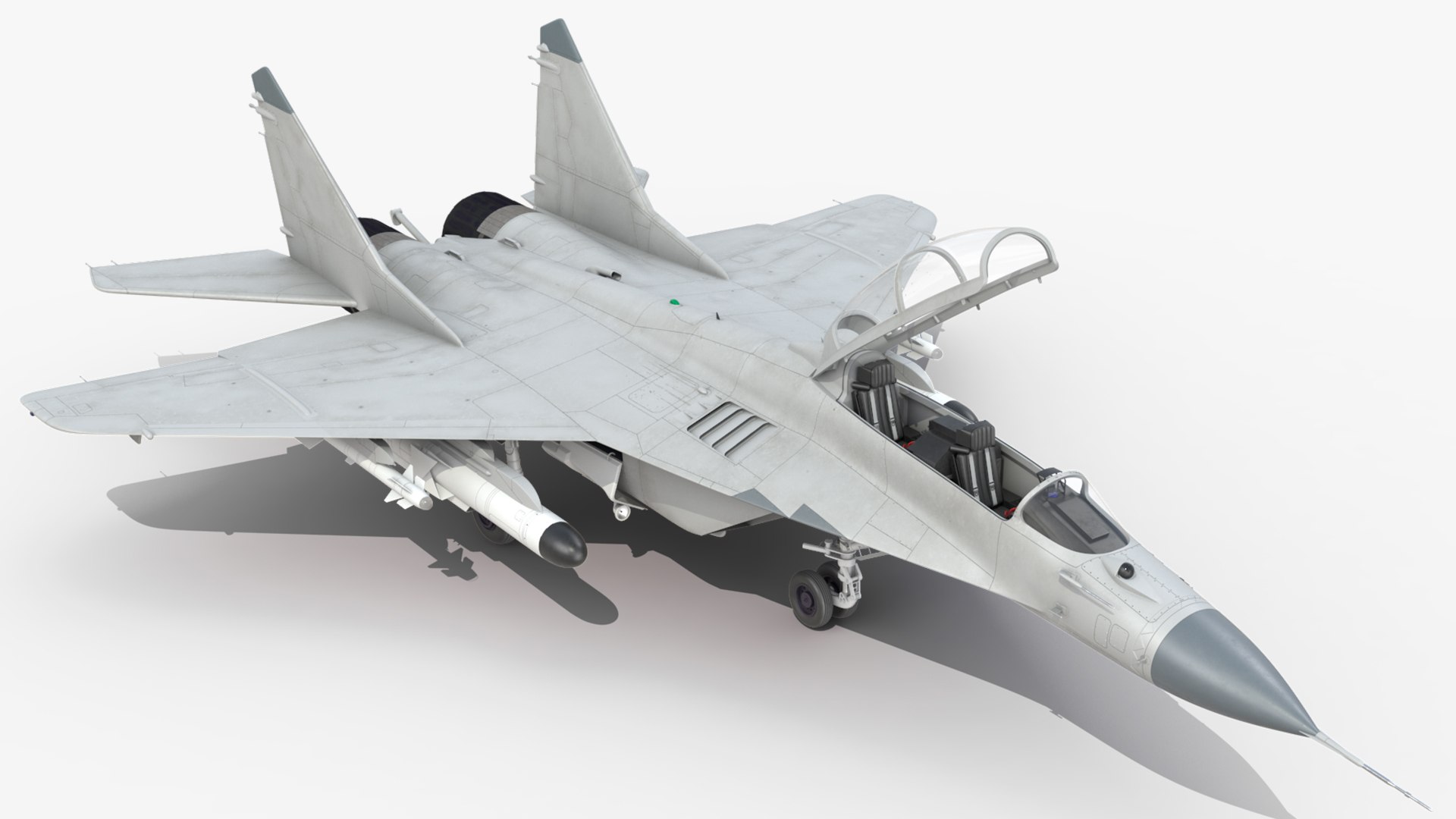 3D MiG 29 Tandem Aircraft with Armament Rigged https://p.turbosquid.com/ts-thumb/rT/mM3cXl/CT/mig29tandemaircraftwitharmamentrigged3dmodel029/jpg/1638189170/1920x1080/fit_q87/a5585223b3165f64e73d650b079d576b9cfd254a/mig29tandemaircraftwitharmamentrigged3dmodel029.jpg
