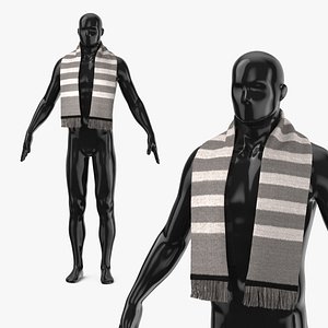Striped Knit Scarf on Mannequin Black Taupe Fur 3D model
