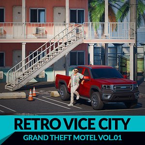 Grand Theft Motel 80s Motel 3D Model Kit Modular Walls Palm Trees and Car