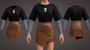 3D Goth Harajuku Stripes Skull T-Shirt and Brown Leather Mini Skirt Emo Outfit
