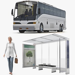 Bus Stop with Elderly Lady Rigged Collection for Maya