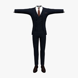 Men Navy and White Striped Business Suit Jacket Trousers Shoe 3D