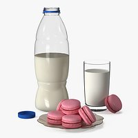 Cow Milk Bottle with Filled Glass and Macarons