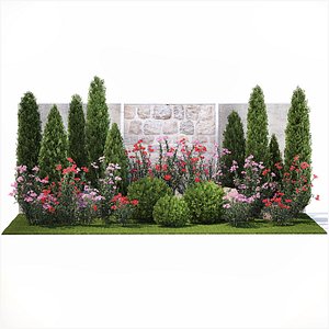 3D Beautiful garden with thuja flowers cypress and oleander 1370