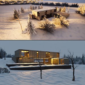Snowy Mountain Environment with Contemporary House