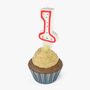 3D Cupcake and Number 1 Candle model