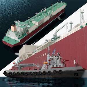 3D LNG Carrier with Tugboat Escort on Water
