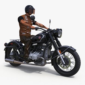 Biker in Helmet on Retro Motorcycle Ural M70