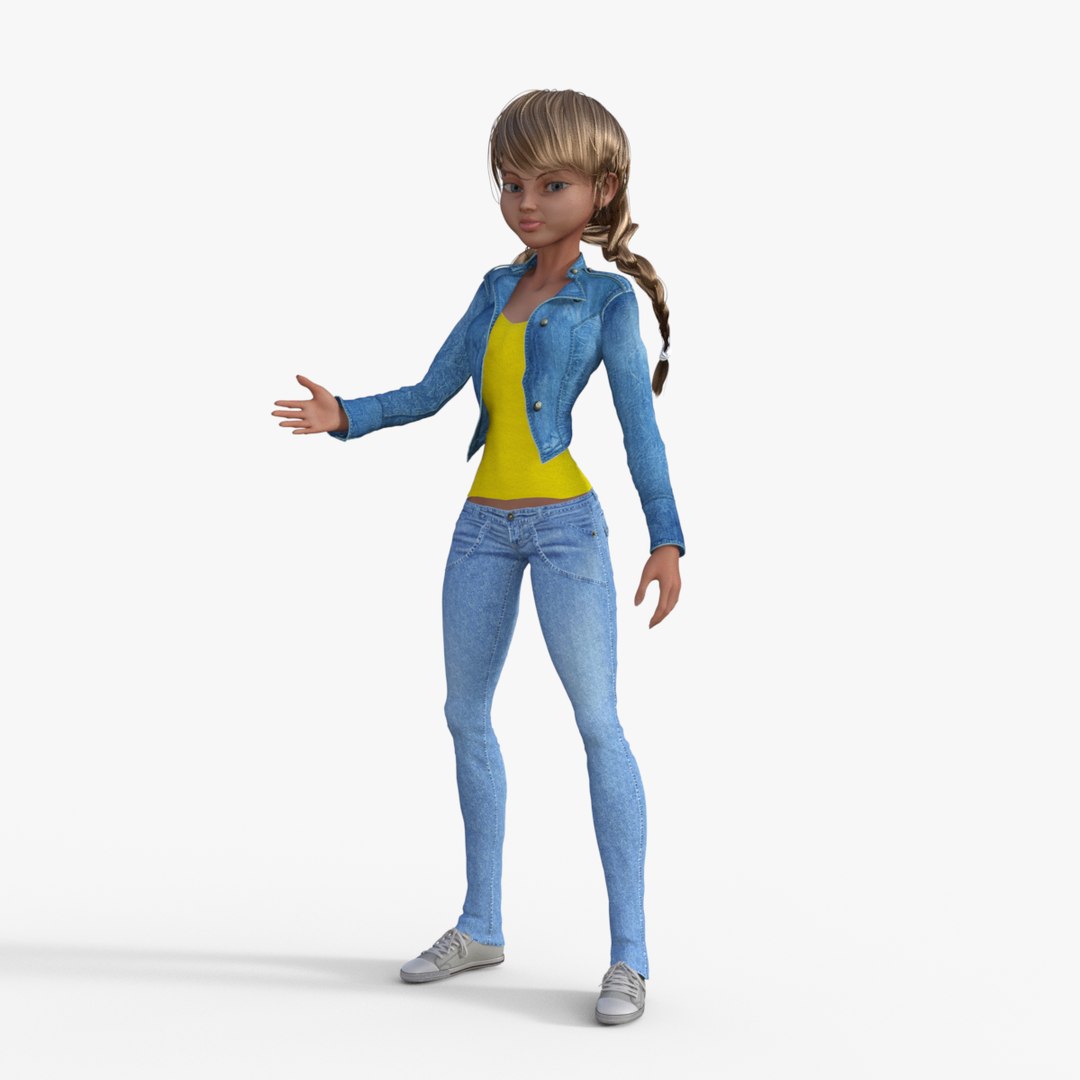 3d Model Cartoon Girl In Jeans Jacket And Pants - Turbosquid 1968041