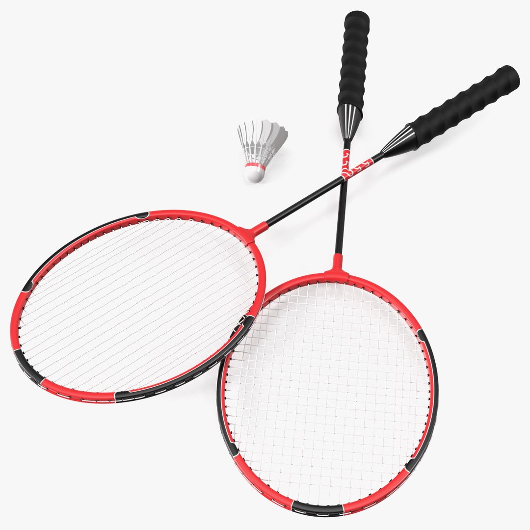 Red Composite Badminton Rackets and Plastic Shuttlecock 3D model preview